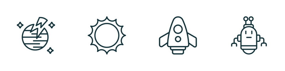 Poster - set of 4 linear icons from astronomy concept. outline icons included destroyed planet, big sun shining, space shuttle, space robot vector