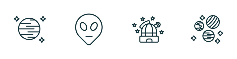 Poster - set of 4 linear icons from astronomy concept. outline icons included neptune with satellite, extraterrestrial, observatory, planets vector