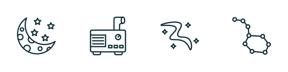Poster - set of 4 linear icons from astronomy concept. outline icons included half moon, generator, milky way, constellation vector
