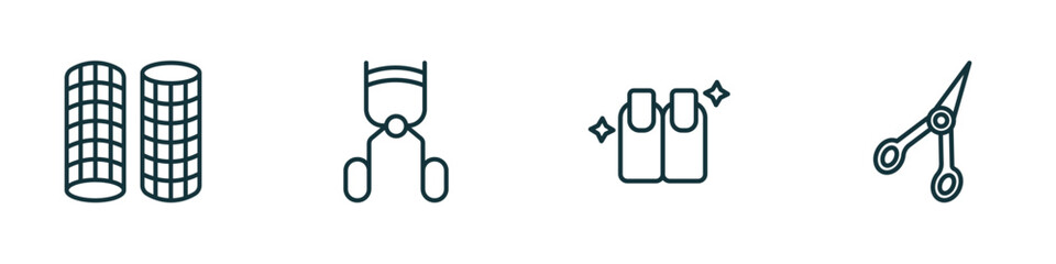 Poster - set of 4 linear icons from beauty concept. outline icons included curler, eyelashes curler, finger with nail, manicure scissors vector