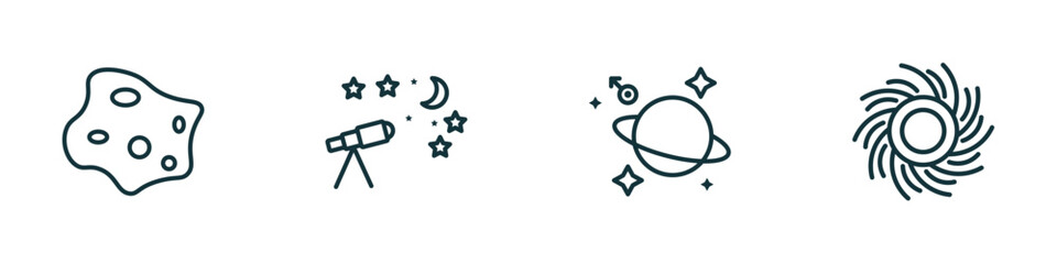 Poster - set of 4 linear icons from astronomy concept. outline icons included asteroid, astronomy, astrology, black hole vector