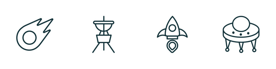 Poster - set of 4 linear icons from astronomy concept. outline icons included comet, dioptra, aerospace, big ufo vector