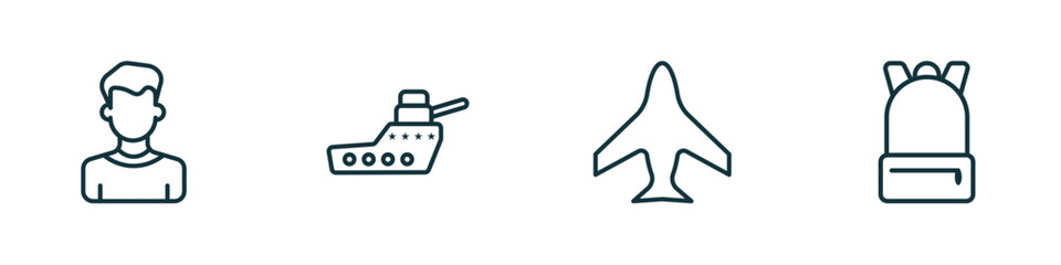 Poster - set of 4 linear icons from army and war concept. outline icons included civilian, warship, airplane,