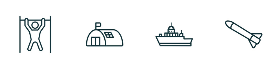 Poster - set of 4 linear icons from army and war collection. concept. outline icons included pull up, bunker, army boat, launcher vector