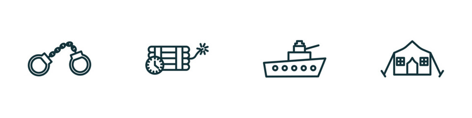 Poster - set of 4 linear icons from army and war concept. outline icons included pair of handcuffs, time bomb with clock, naval, militar tent vector