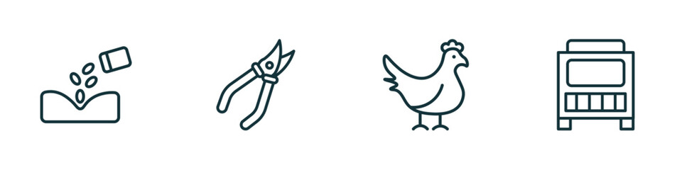Poster - set of 4 linear icons from agriculture farming concept. outline icons included plant seeds, shears, hen, composter vector