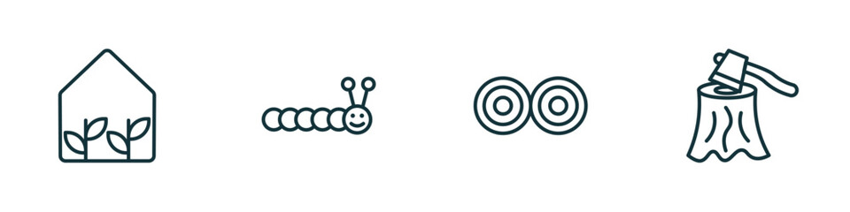 Poster - set of 4 linear icons from agriculture farming concept. outline icons included greenhouse, caterpillar, hay bale, wood chop vector
