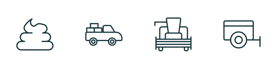 Poster - set of 4 linear icons from agriculture farming concept. outline icons included poo, pickup, combine harvester, trailer vector