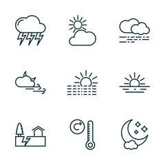 Poster - set of 9 linear icons from weather concept. outline icons such as stormy, clouds and sun, mist, eart