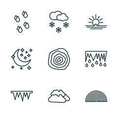 Poster - set of 9 linear icons from weather concept. outline icons such as raindrops, snowing, sunrise, icy, clouds, rainbow vector
