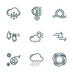 Poster - set of 9 linear icons from weather concept. outline icons such as snow cloud, temperature, haze, climate, rainy, hurricane vector