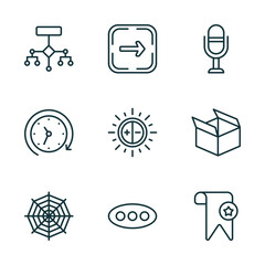 Poster - set of 9 linear icons from user interface concept. outline icons such as flow chart interface, go, voice recorder, spider web, more, bookmark vector