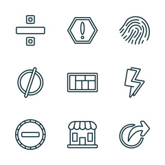 Poster - set of 9 linear icons from user interface concept. outline icons such as division, exclamation button, finger prints, minus, store, share vector