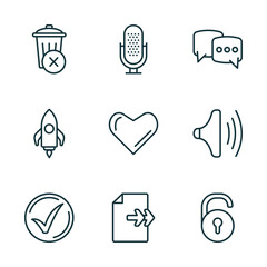 Poster - set of 9 linear icons from user interface concept. outline icons such as remove, mic, bubble speech, checked, next page, unblocked vector