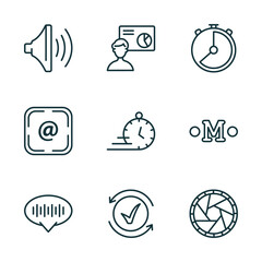 Poster - set of 9 linear icons from user interface concept. outline icons such as volume, person explaining data, hour, voice message, activated, shutter vector
