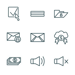 Poster - set of 9 linear icons from user interface concept. outline icons such as check box with cursor, lace, unlock folder, dollar bills stack, loud audio, sound off vector