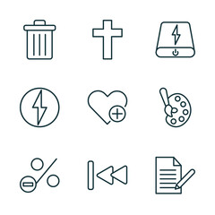 Poster - set of 9 linear icons from user interface concept. outline icons such as delete button, cross, power bank, less percentage, backward track, written paper vector