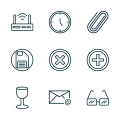 Poster - set of 9 linear icons from user interface concept. outline icons such as internet modem, hours, shaped paper clip, glass material, email evelope, square glasses vector
