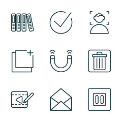 Poster - set of 9 linear icons from user interface concept. outline icons such as office folders, tick box, face detection, video edition, email opened envelope, square stop button vector