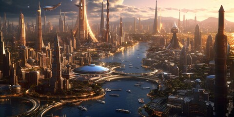 Wall Mural - futuristic high-tech city with advanced infrastructure, science fiction cityscape