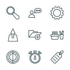 Poster - set of 9 linear icons from user interface concept. outline icons such as looking, user with speech bubble, tings cog, hue circle, stopwatches, shopping label vector