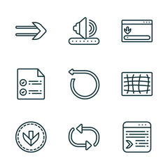 Poster - set of 9 linear icons from user interface concept. outline icons such as slim right, amplified speaker, window scrolling right, bottom arrows, update arrows, selective vector