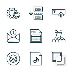 Poster - set of 9 linear icons from user interface concept. outline icons such as wheels, page break, text in, layer button, music file, intersect vector