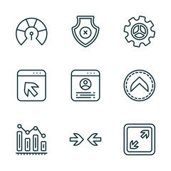 Poster - set of 9 linear icons from user interface concept. outline icons such as indicators, no protection, tings, decreasing bars chart, opposition, expand tool vector