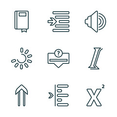 Poster - set of 9 linear icons from user interface concept. outline icons such as ribbon from a book, indent,