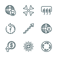 Poster - set of 9 linear icons from user interface concept. outline icons such as cart interface, reduce, rear window defrost, improve incomes, solar recycle, rotating arrows vector