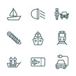 set of 9 linear icons from transportation concept. outline icons such as sail boat, car lights, parking men, galleon, plane tickets, electric car vector