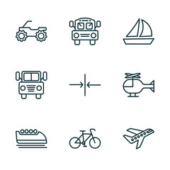 Poster - set of 9 linear icons from transport concept. outline icons such as quad bike, school bus empty, sailing boat with veils, bobsleigh, bikes, air transport vector