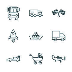 Poster - set of 9 linear icons from transport concept. outline icons such as school van, free transport, motorsport, formula 1, pram, light aircraft vector