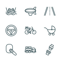 Poster - set of 9 linear icons from transport concept. outline icons such as ferry, blimp, road with broken lines, hands free device, cargo truck, seatbelt vector