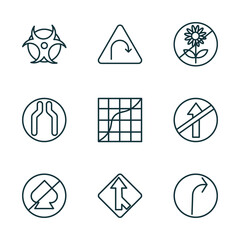 Poster - set of 9 linear icons from traffic signs concept. outline icons such as biological hazard, left hair pin, no picking flowers, no gambling, merging, right bend vector