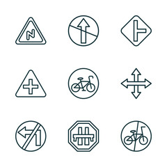 Poster - set of 9 linear icons from traffic signs concept. outline icons such as right reverse bend, no straight, side road, no turn, motorway, no bicycle vector