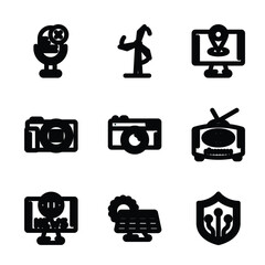 Poster - set of 9 linear icons from technology concept. outline icons such as microphone mute, wind power, holiday, world news, sun energy, shields vector