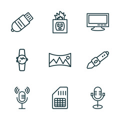Poster - set of 9 linear icons from technology concept. outline icons such as inclined pendrive, electric socket on fire, big tv, microphone voice, big, old mic vector