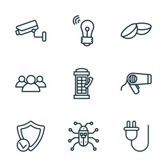 Poster - set of 9 linear icons from technology concept. outline icons such as surveillance camera, wireless lighting, contact lens, safe shield protection, robot insect, basic plug vector