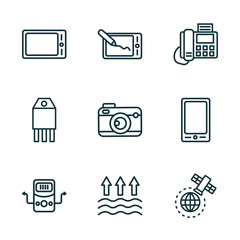 Poster - set of 9 linear icons from technology concept. outline icons such as horizontal tablet, drawing tablet, telephone with fax, dialysis, evaporation, satellite in orbit vector