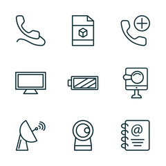 Poster - set of 9 linear icons from technology concept. outline icons such as phone with wire, cad, add call, satellite station, front webcam, email agenda vector