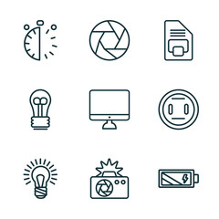 Poster - set of 9 linear icons from technology concept. outline icons such as half hour, camera shutter, big floppy disk, big light bulb, camera flash, battery power vector