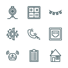 Poster - set of 9 linear icons from technology concept. outline icons such as pitching hine, mathematical operations, tinsel, wireless gadget, summary, domestic vector