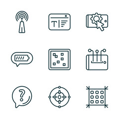 Poster - set of 9 linear icons from technology concept. outline icons such as reach, serif font, interaction, asking, center focus, pixels per inch vector