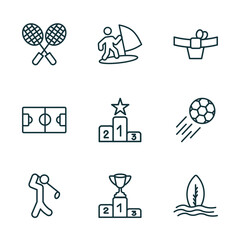 Poster - set of 9 linear icons from sport concept. outline icons such as badminton, man windsurfing, mawashi, golf player, podium with cup, surf vector