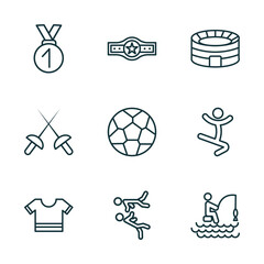 Poster - set of 9 linear icons from sports concept. outline icons such as medal with number 1, boxer with belt, estadio, football jersey, two judo fighters, fishing man vector