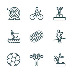 Poster - set of 9 linear icons from sport concept. outline icons such as archery, bicycle rider, number one athlete, soccer ball, man lifting weight, gymnastics vector