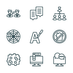 Poster - set of 9 linear icons from social media marketing concept. outline icons such as partner, chat box, path, pixelated, color, mass media vector