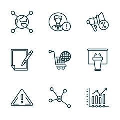 Poster - set of 9 linear icons from social media marketing concept. outline icons such as network conecction, user warning, promotion, importance, social normal, stadistics vector