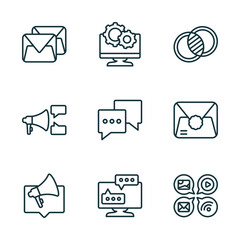 Poster - set of 9 linear icons from social media marketing concept. outline icons such as letters, system, overlap, marketing, flats, options vector